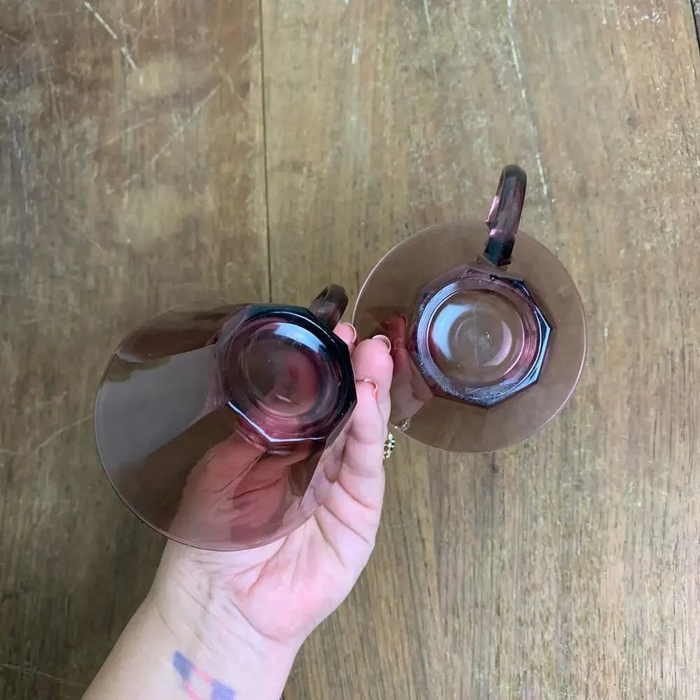 Set of 2 Vintage MCM‎ 1960s Hazel Atlas Moroccan Amethyst Purple Octagon Cups